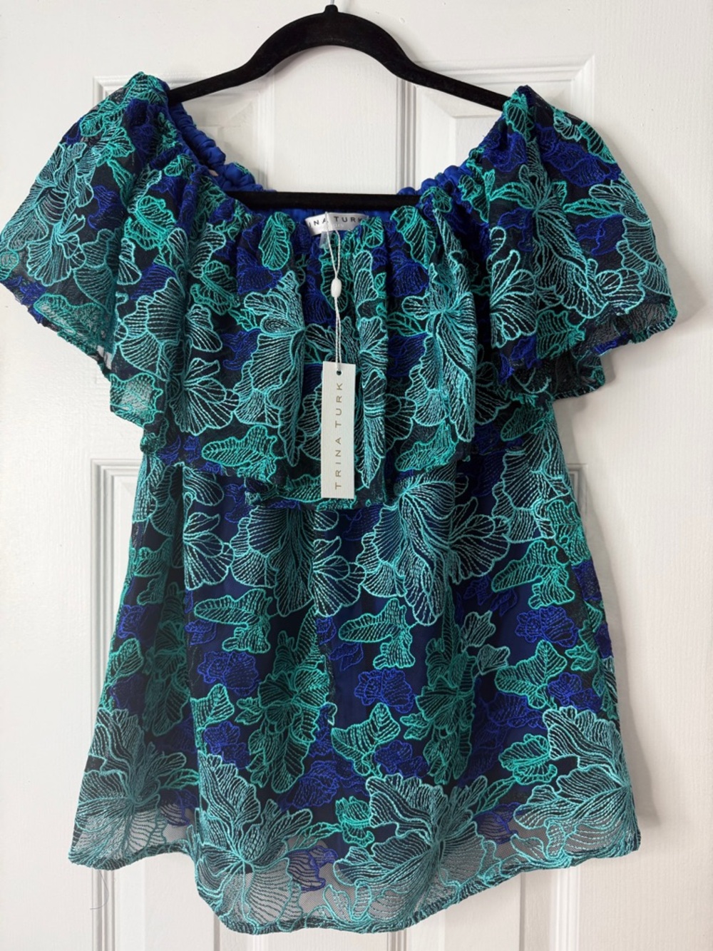 Trina Turk Teal & Blue Off-Shoulder Floral Lace Blouse